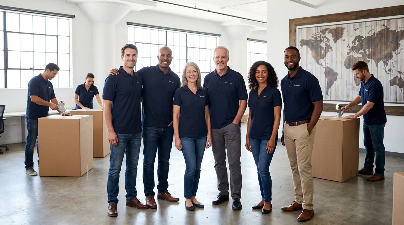 The CartClick team in their navy polos, standing in their fulfillment area